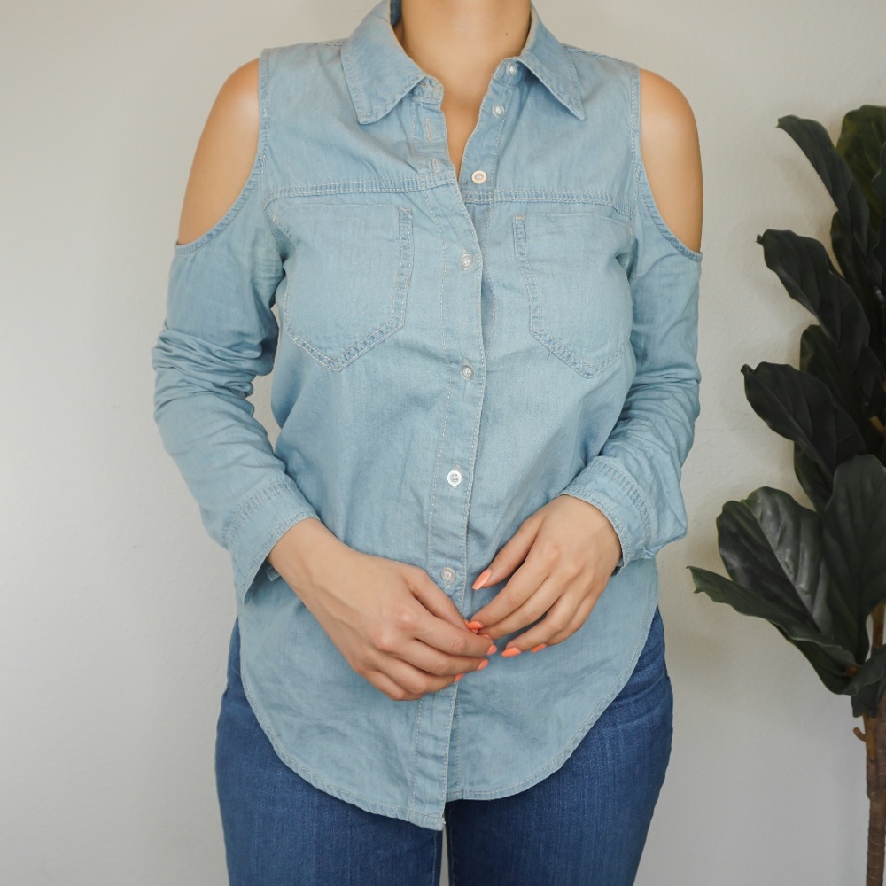 Open Shoulder Button Up Denim Top